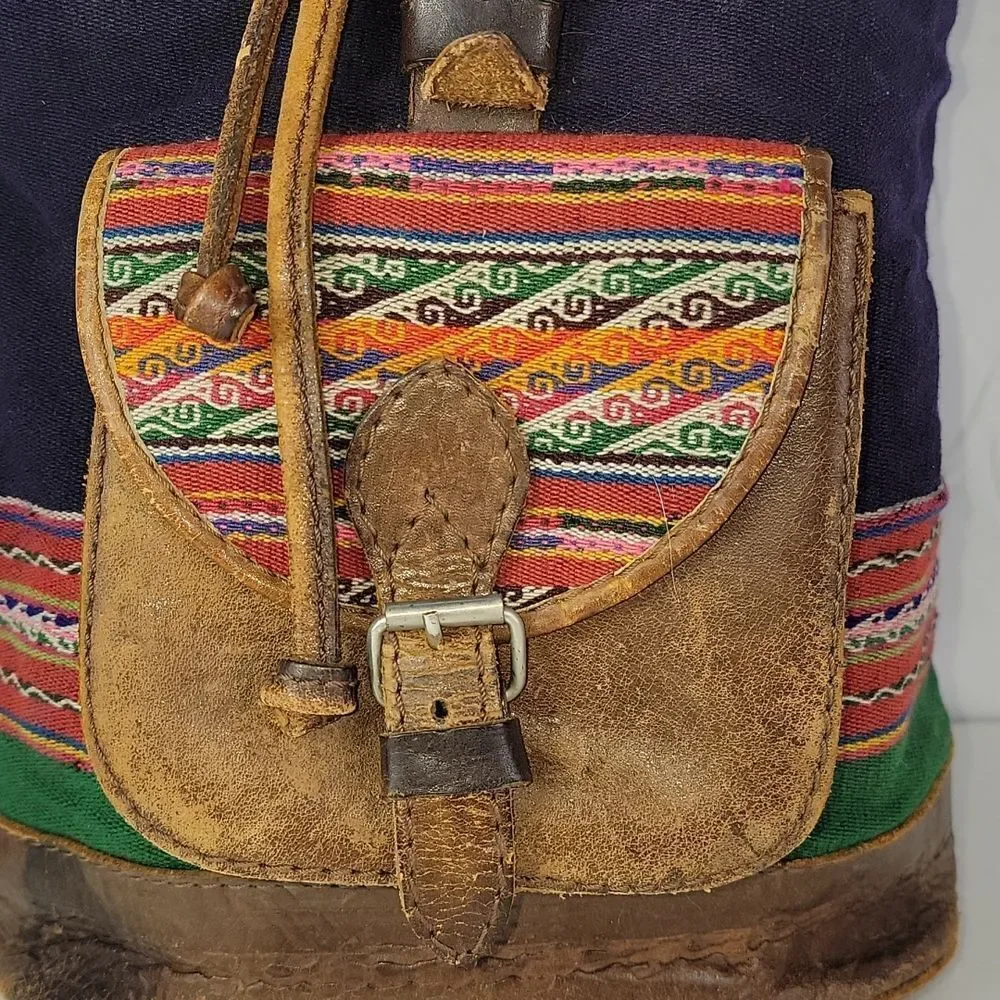 Vintage BHL Leather Ethnic Aztec Woven Wool Backpack